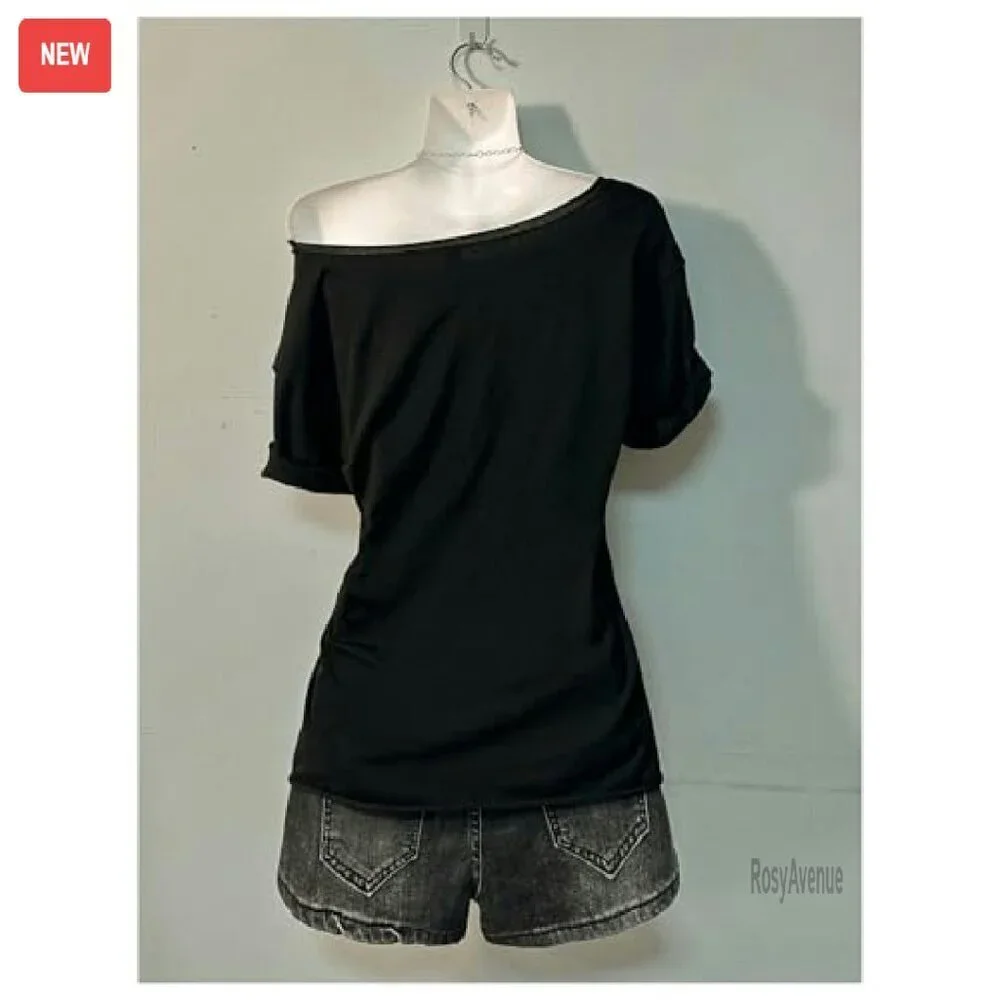 Oversized Off Shoulder Graphic Tee Short Sleeve Y2K Goth T-Shirt - Picture 5 of 6
